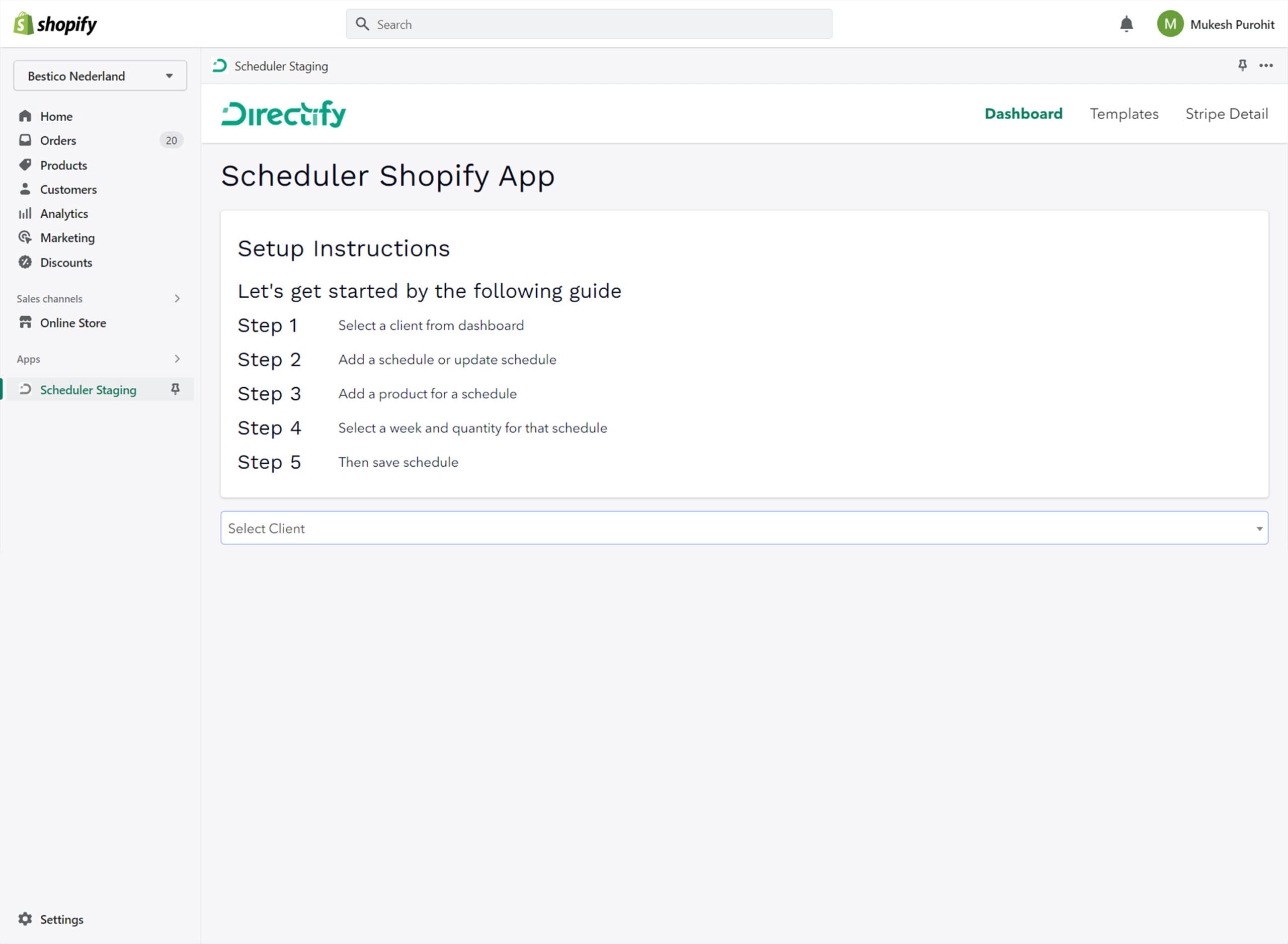 Select the client - Directify Shopify App